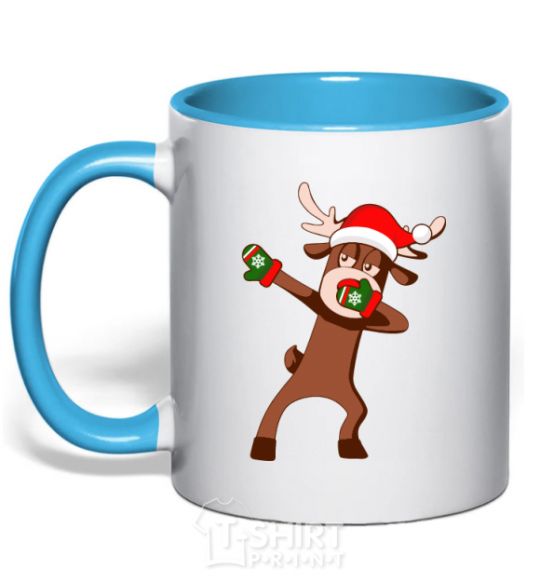 Mug with a colored handle Dabbing Christmas deer sky-blue фото
