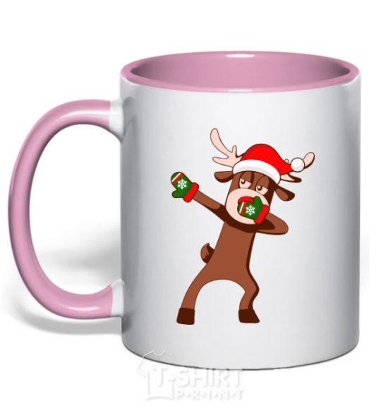Mug with a colored handle Dabbing Christmas deer light-pink фото