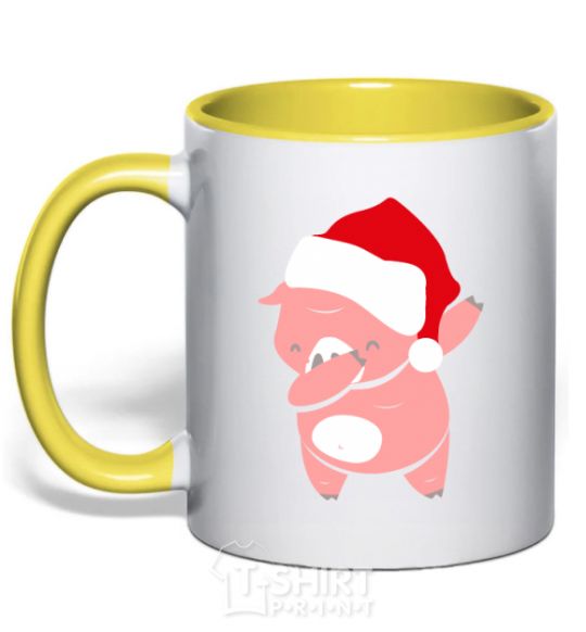 Mug with a colored handle Dabbing christmas pig yellow фото
