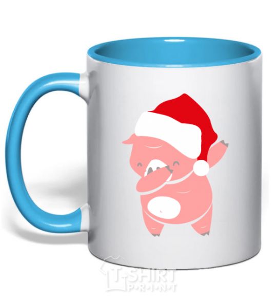 Mug with a colored handle Dabbing christmas pig sky-blue фото