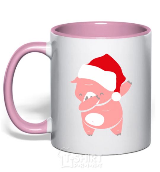 Mug with a colored handle Dabbing christmas pig light-pink фото