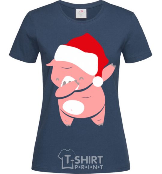 Women's T-shirt Dabbing christmas pig navy-blue фото