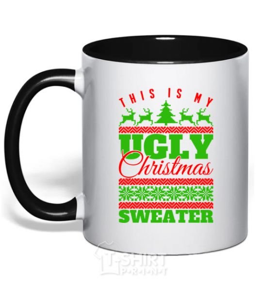 Mug with a colored handle Ugly Christmas sweater black фото