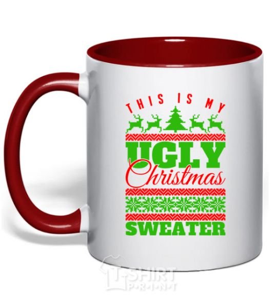 Mug with a colored handle Ugly Christmas sweater red фото