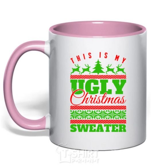 Mug with a colored handle Ugly Christmas sweater light-pink фото