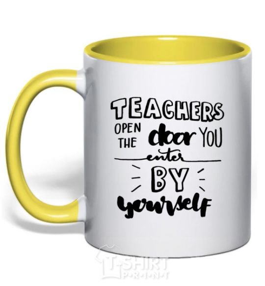 Mug with a colored handle Teachers open door yellow фото