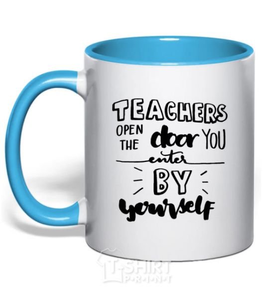 Mug with a colored handle Teachers open door sky-blue фото