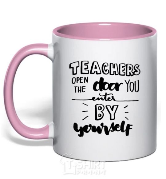 Mug with a colored handle Teachers open door light-pink фото