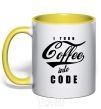 Mug with a colored handle I turn coffee into code yellow фото