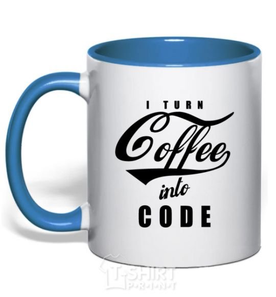 Mug with a colored handle I turn coffee into code royal-blue фото
