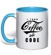 Mug with a colored handle I turn coffee into code sky-blue фото