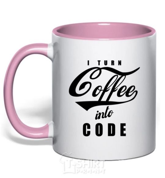 Mug with a colored handle I turn coffee into code light-pink фото