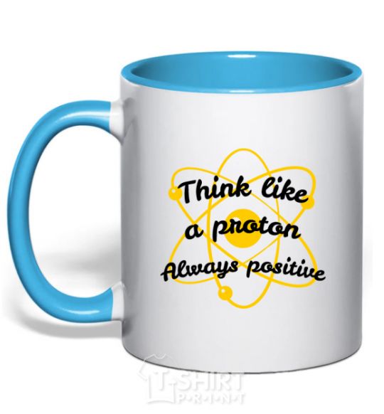 Mug with a colored handle Think like a proton sky-blue фото