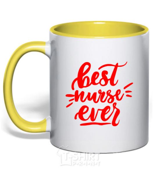 Mug with a colored handle Best nurse ever yellow фото