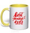 Mug with a colored handle Best nurse ever yellow фото