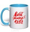 Mug with a colored handle Best nurse ever sky-blue фото