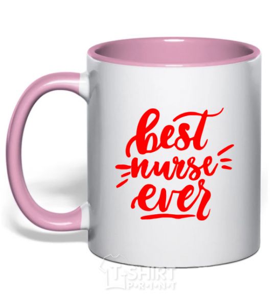 Mug with a colored handle Best nurse ever light-pink фото