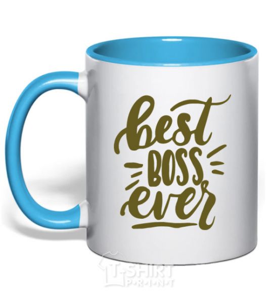 Mug with a colored handle Best boss ever sky-blue фото