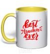 Mug with a colored handle Best teacher ever text yellow фото