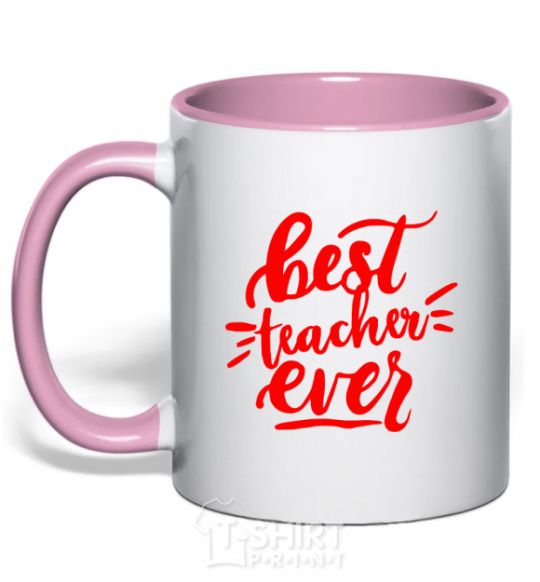 Mug with a colored handle Best teacher ever text light-pink фото