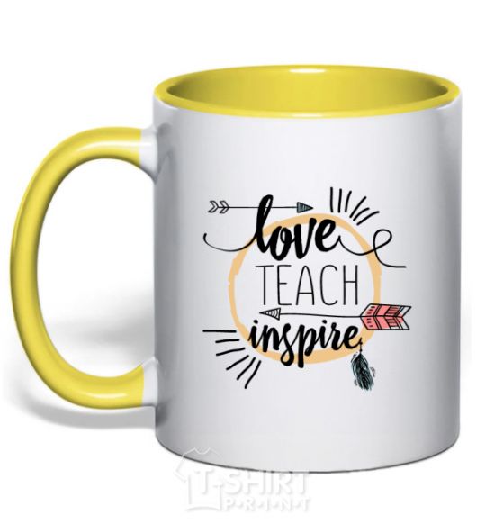 Mug with a colored handle Love teach inspire yellow фото