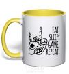 Mug with a colored handle Eat sleep game repeat hand yellow фото