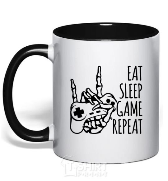 Mug with a colored handle Eat sleep game repeat hand black фото