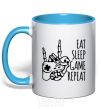 Mug with a colored handle Eat sleep game repeat hand sky-blue фото