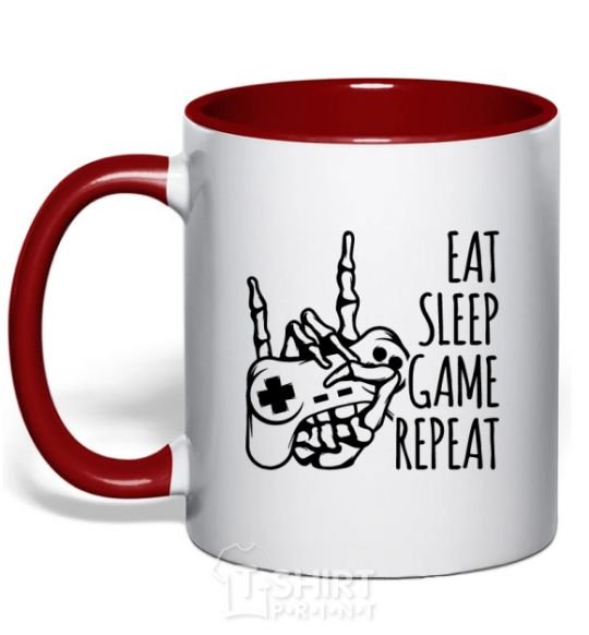 Mug with a colored handle Eat sleep game repeat hand red фото