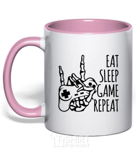 Mug with a colored handle Eat sleep game repeat hand light-pink фото