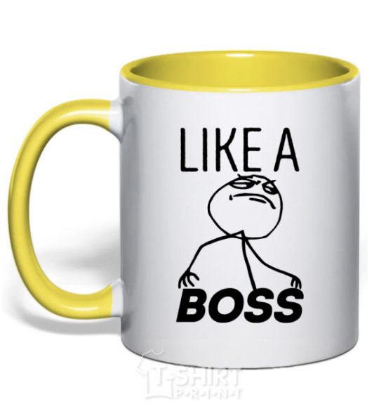Mug with a colored handle Like a boss yellow фото
