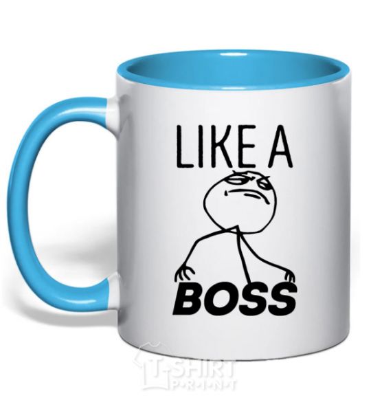 Mug with a colored handle Like a boss sky-blue фото