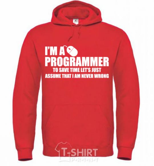 Мужская толстовка (худи) I'm programmer never wrong Ярко-красный фото