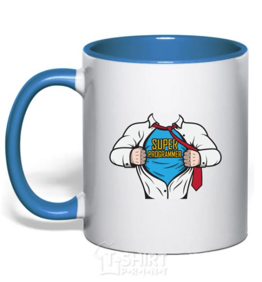 Mug with a colored handle Super programmer royal-blue фото