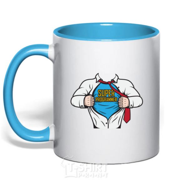 Mug with a colored handle Super programmer sky-blue фото