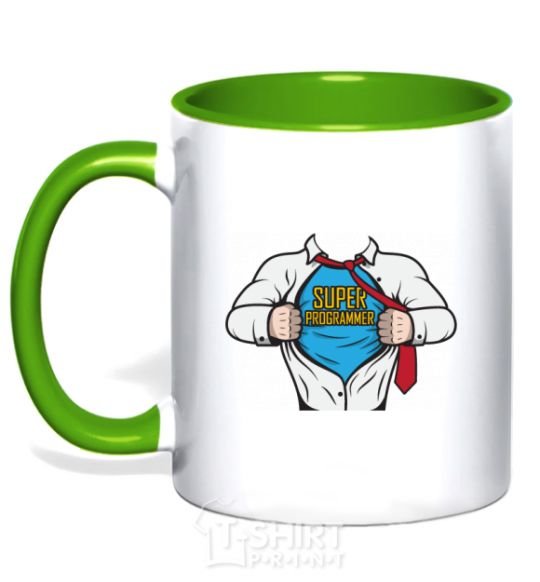 Mug with a colored handle Super programmer kelly-green фото