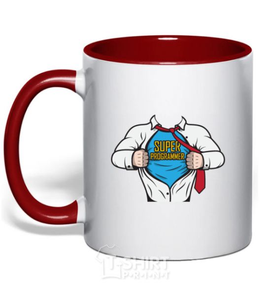 Mug with a colored handle Super programmer red фото