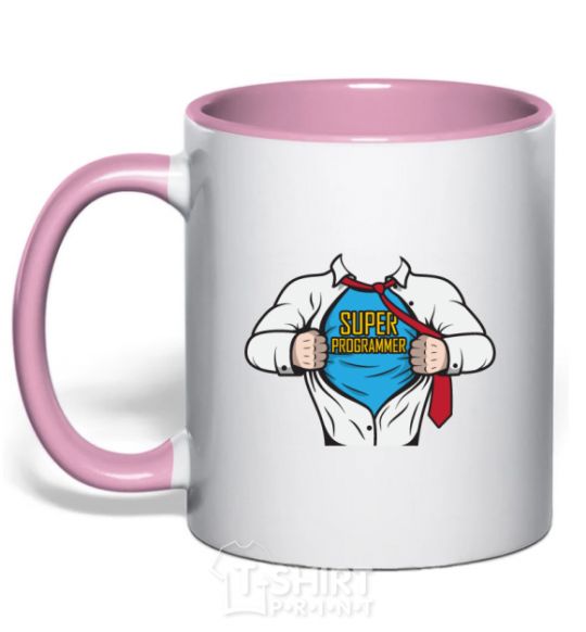 Mug with a colored handle Super programmer light-pink фото