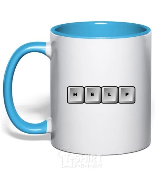 Mug with a colored handle Help bottons sky-blue фото