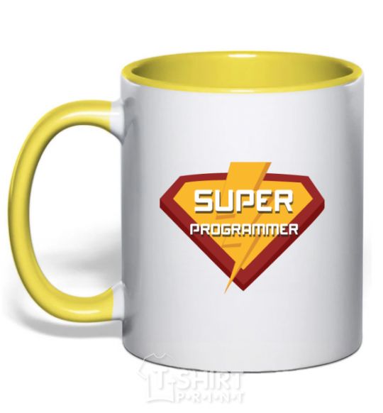 Mug with a colored handle Super programmer logo yellow фото