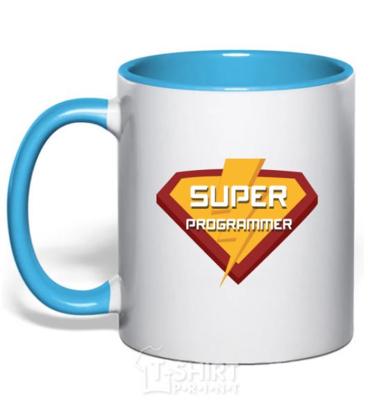 Mug with a colored handle Super programmer logo sky-blue фото