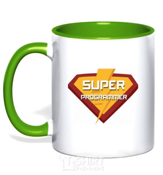 Mug with a colored handle Super programmer logo kelly-green фото