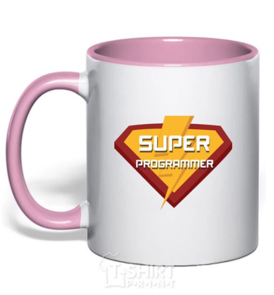 Mug with a colored handle Super programmer logo light-pink фото