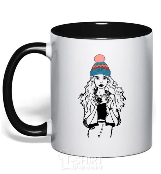 Mug with a colored handle Girl photo black фото