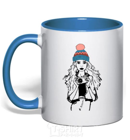 Mug with a colored handle Girl photo royal-blue фото