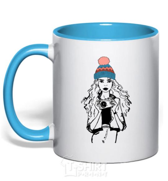 Mug with a colored handle Girl photo sky-blue фото
