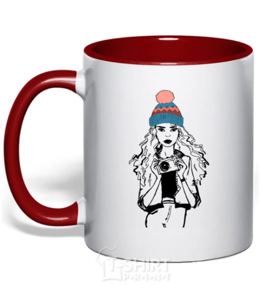 Mug with a colored handle Girl photo red фото