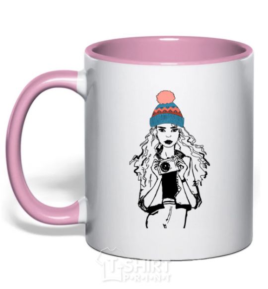 Mug with a colored handle Girl photo light-pink фото