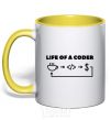 Mug with a colored handle Life of a coder yellow фото