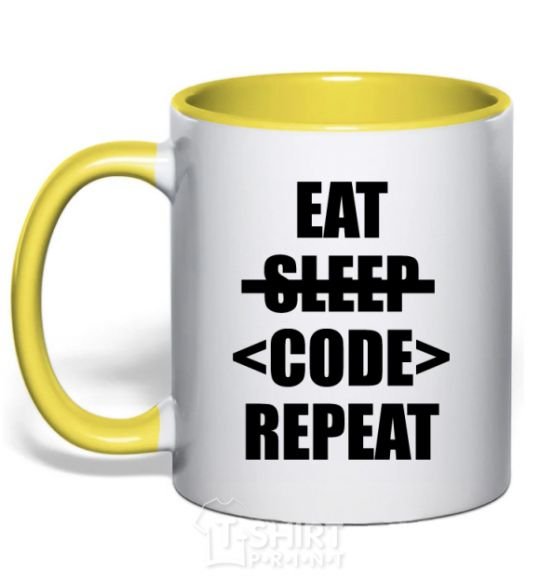 Mug with a colored handle Eat code repeat yellow фото